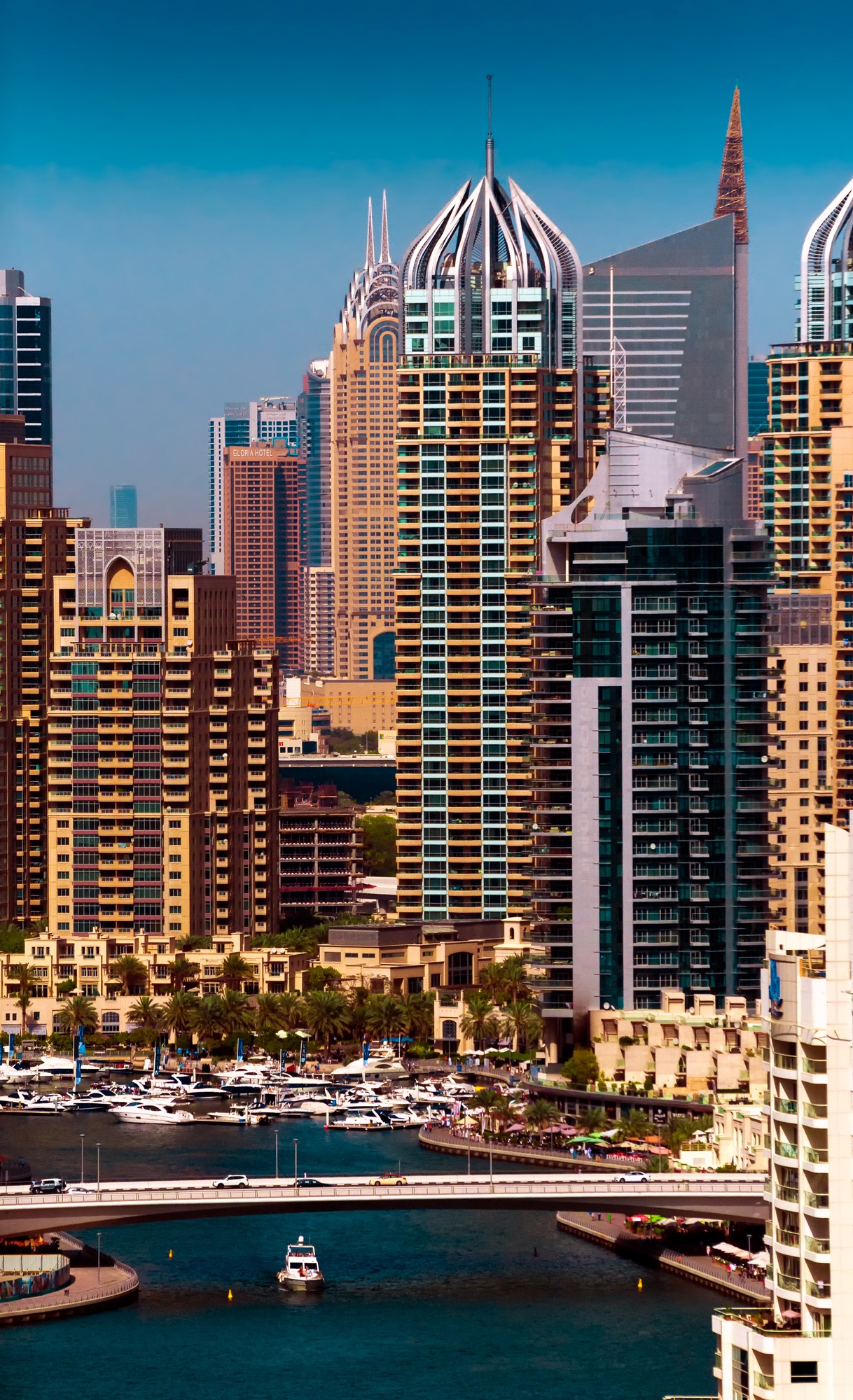 Amazing colorful dubai marina skyline during sunny day, Dubai, United Arab Emirates.